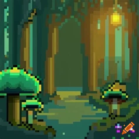 Pixel Art Of An Enchanted Forest With Glowing Mushrooms On Craiyon