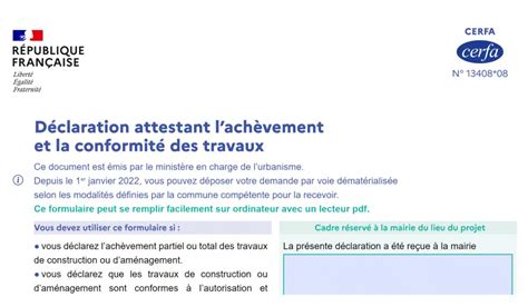 Cerfa attestation d achèvement et conformité de travaux