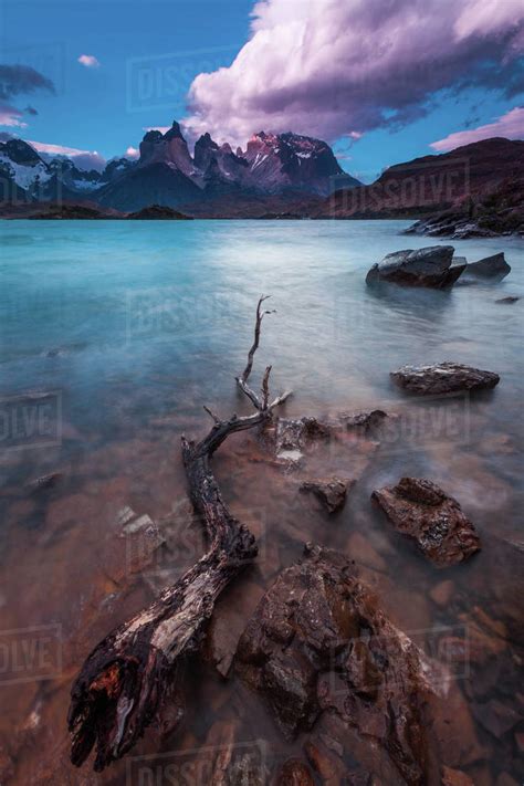 Cuernos Del Paine Mountain And Lake Pehoe Patagonia Chile Stock