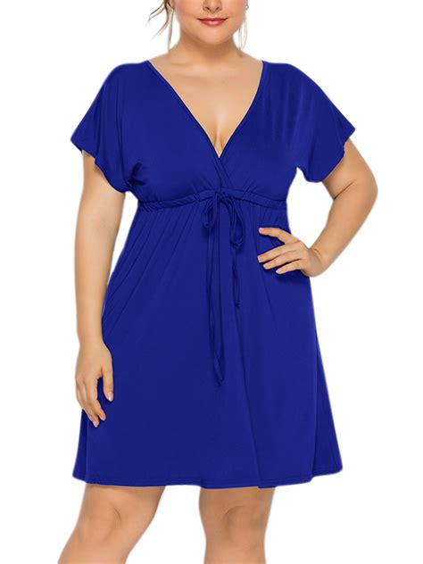 Upairc Womens Plus Size Sexy V Neck Lace Up Sundress Party Summer Swing Mini Dresses
