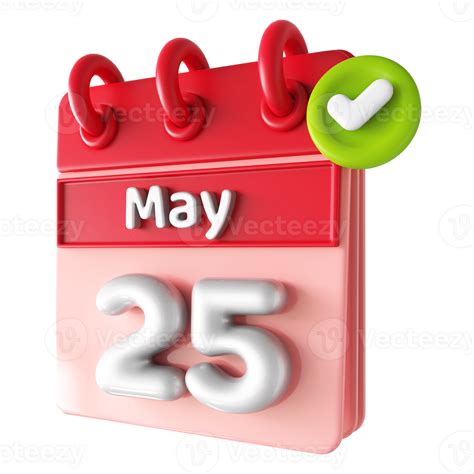 May 25th Calendar 3d With Check Mark Icon 34339644 Png
