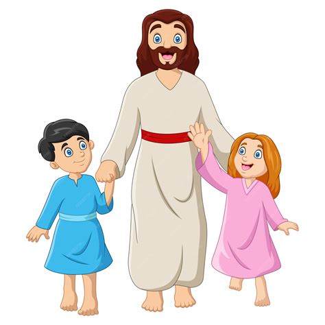 Dibujos Animados De Jesucristo Con Niños Vector Premium
