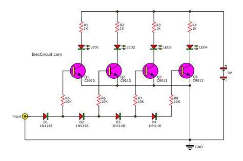 Ka2284 stereo audio level indicator circuit eleccircuit com. Analog LED VU meter circuit using transistors