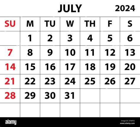 2024 July Month Calendar Color Vector Illustrator Calendar Design