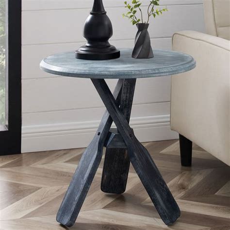 Odel Blue Lakehouse Style Round Wooden Side Table With Oar Legs