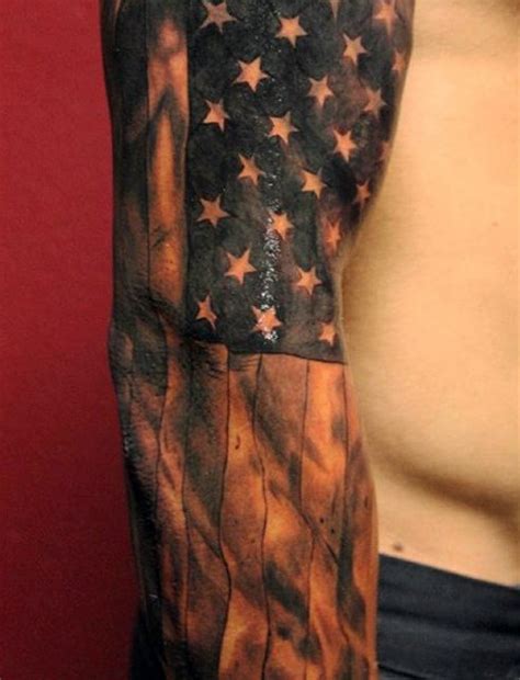 An unusual bird image is done in dark colors, colorful accents are the purple head and purple tops of feathers, additional elements are the anchor, little blue florets and the red heart with a rose in the center. Cool American Flag Tattoos For Men | Men's Hairstyles