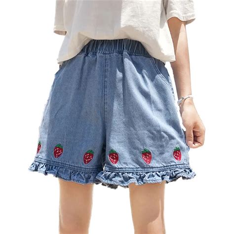 Kawaii Denim Shorts Women Summer Japanese Cute Strawberry Embroidery Jeans Ruffles Edge Shorts