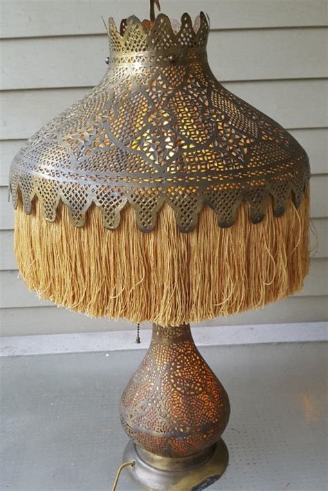 Antique Pierced Brass Moorish Moroccan Crescent Table Lamp Wt Fringe