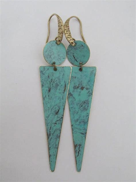 Geometric Brass Patina Boho Earrings Turquoise Etsy Boho Earrings