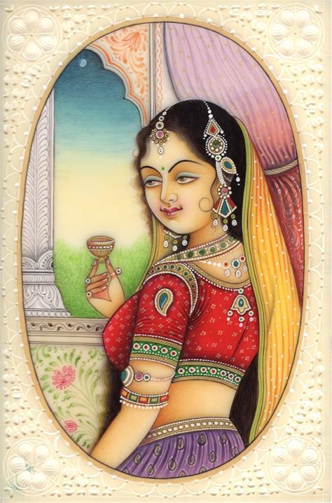 Indian Miniature Painting Lady Princess Handmade Watercolor Portrait Ethnic Art