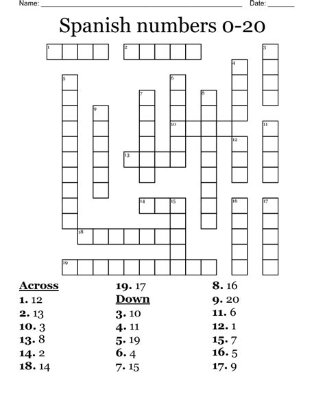 Spanish Numbers 0 20 Crossword Wordmint