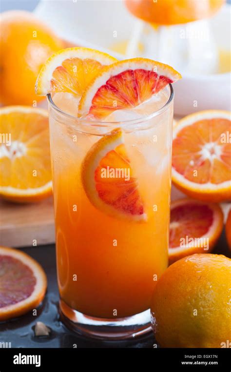 Homemade Freshly Squeezed Orange Juice With Ice Stock Photo Alamy