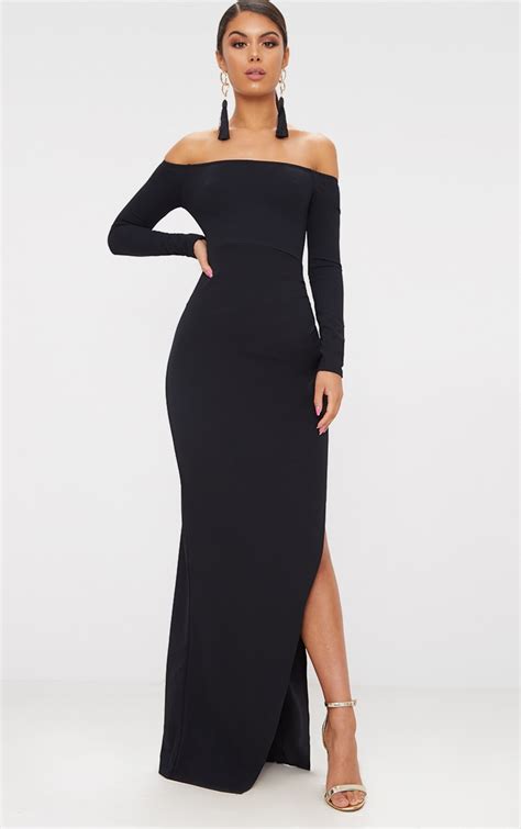 Black Wrap Over Long Sleeve Bardot Maxi Dress Prettylittlething