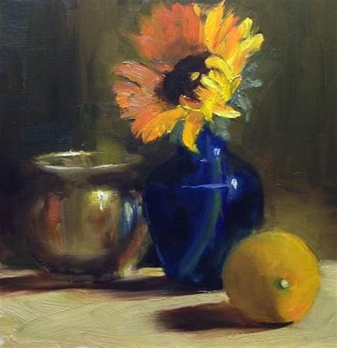 Daily Paintworks Sunflower And Blue Vase By Dorothy Woolbright
