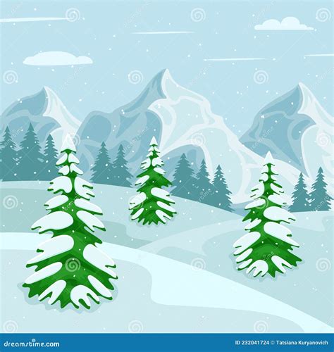 Snowy Winter Landscape With Mountains Vector Illustration Stock Vector