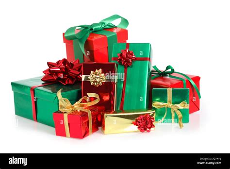 Pile Of Christmas Presents On White Background Stock Photo Alamy