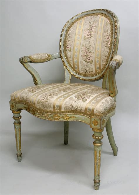 Painted french arm chair with blue fortuny fabric, 41h. A French Style Painted Open Arm Chair - Antiques Atlas