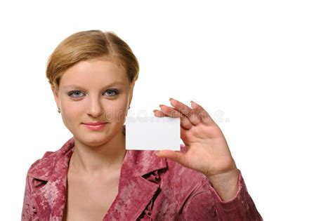 The Young Woman Holding A Business Card Stock Photo Image Of