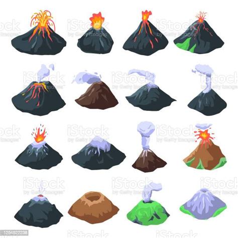 Ilustración De Conjunto De Iconos De Volcanes Estilo Isométrico Y Más