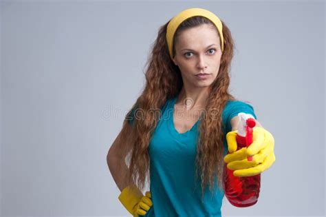 Woman Spraying With A Cleaning Fluid Stock Image Image Of Perfection