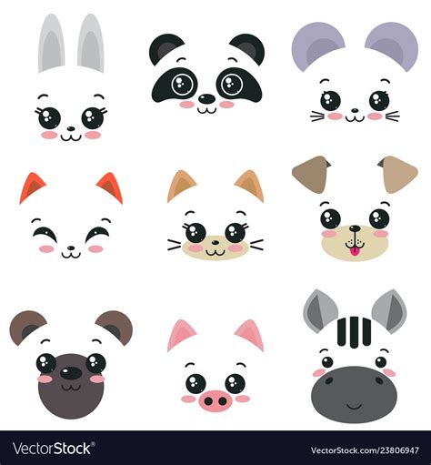 Collection Of Nine Cute Animal Faces Royalty Free Vector