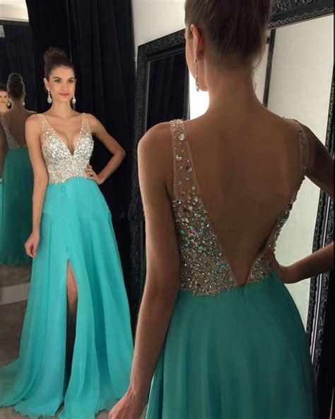 Sexy Backless Turquoise Prom Dresses Floor Length V Neck Chiffon A Line