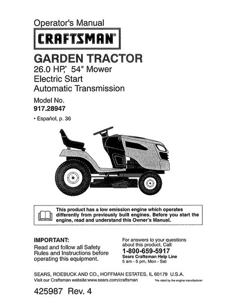 Craftsman 28947 Gt 5000 26 Hp54 Garden Tractor Operators Manual
