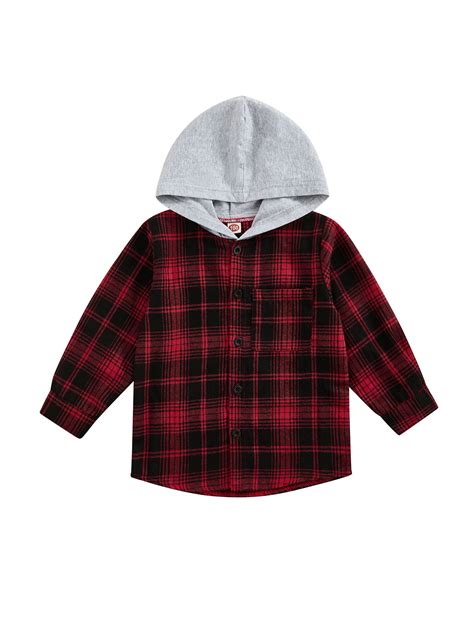 Wybzd Kids Toddler Baby Boy Long Sleeve Hooded Plaid Button Down