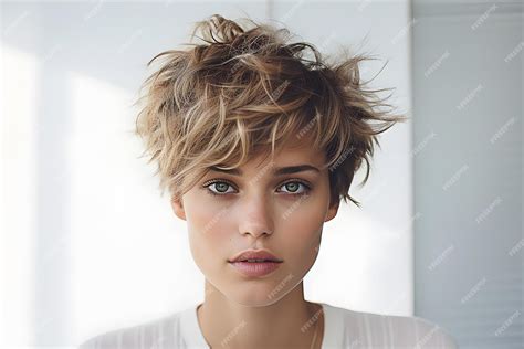 Premium Ai Image Portrait Of Blonde Model With Messy Short Hair Posing For Hairdresser Salon