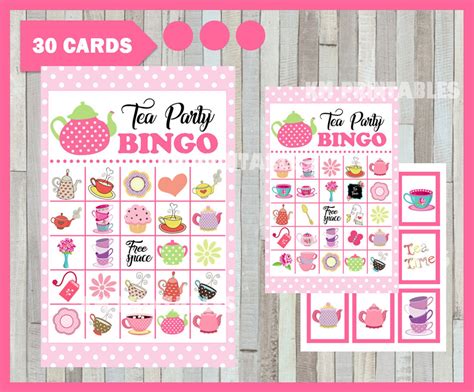 Tea Party Bingo Game Printable 30 Different Cards Party Etsy