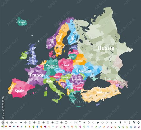 Europe Map Colored By Countries With Regions Borders Navigation