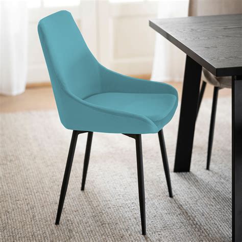 Padded Turquoise Velvet Dining Chair Set Of 2 With Black Metal Legs