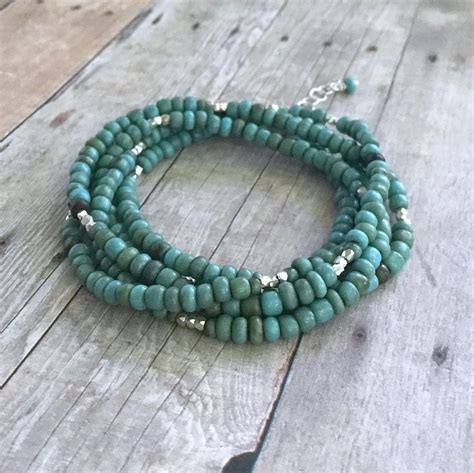 Long Turquoise Necklace Or Multi Wrap Bracelet Rustic Seed Etsy