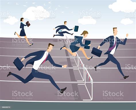 Cartoon Character Businessman And Businesswoman Jumping Over Hurdles