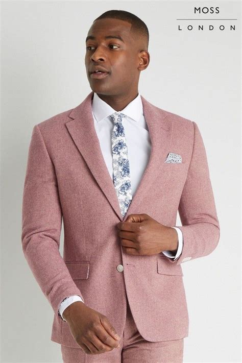 Mens Moss London Slim Fit Dusty Pink Herringbone Tweed Jacket Pink
