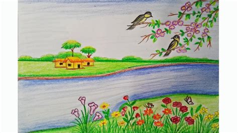 How To Draw A Scenery Of Spring Season Step By Step Very Easy Art
