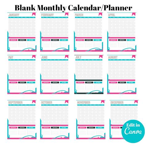 Blank Yearly Calendar Printable Monthly Calendar 12 Month Etsy