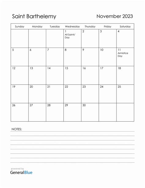 November 2023 Saint Barthelemy Calendar With Holidays