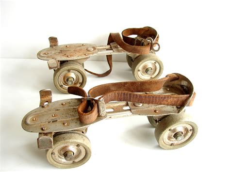 Vintage Adjustable Metal Roller Skates With Leather Straps