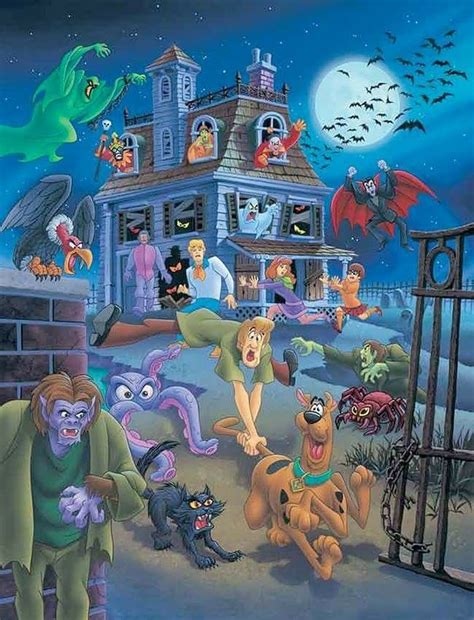 The Scooby Gang Halloween Poster Is In Front Of A House With Bats And