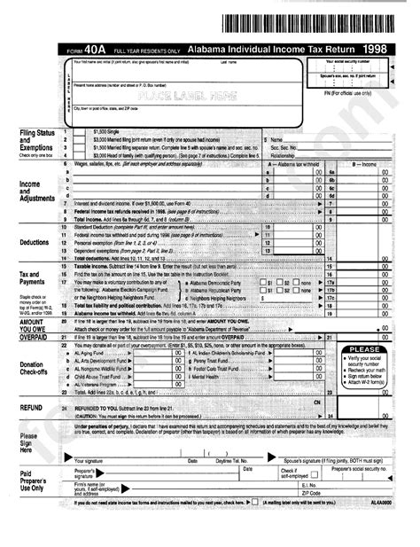 Fillable Form 40a Alabama Individual Income Tax Return 1998