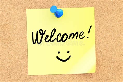 Welcome Text On A Sticky Note Pinned To A Corkboard 3d Rendering Stock