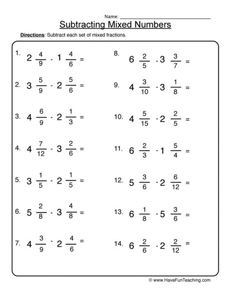 Add And Subtract Unlike Mixed Numbers Worksheet