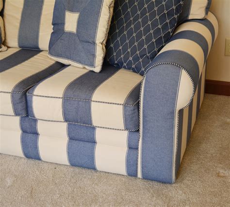 Denim Blue And Cream Striped Sofa By Jg Hook For Bassett Furniture Ebth