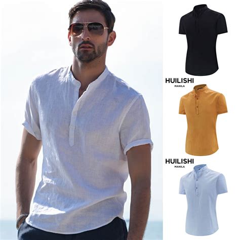 huilishi chinese collar men s short sleeved cotton shirt polo shirt shopee philippines