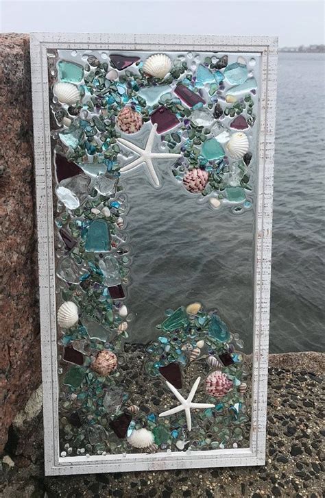 21x 11 Mosaic Coastal Window Mixed Media Sea Glass Mosaic Glass Art