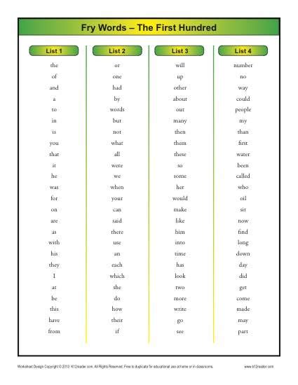 Fry 1000 Word List Printable