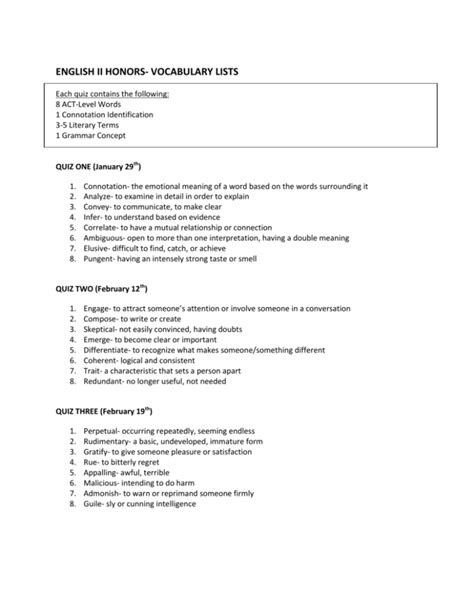 English Ii Honors Vocabulary Lists