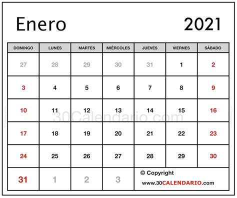 Enero 2021 Calendario 30 Calendario