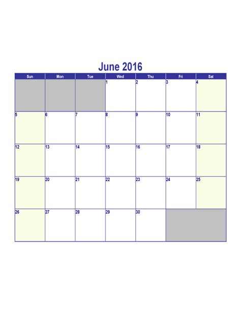 June 2016 Calendar Template Free Download